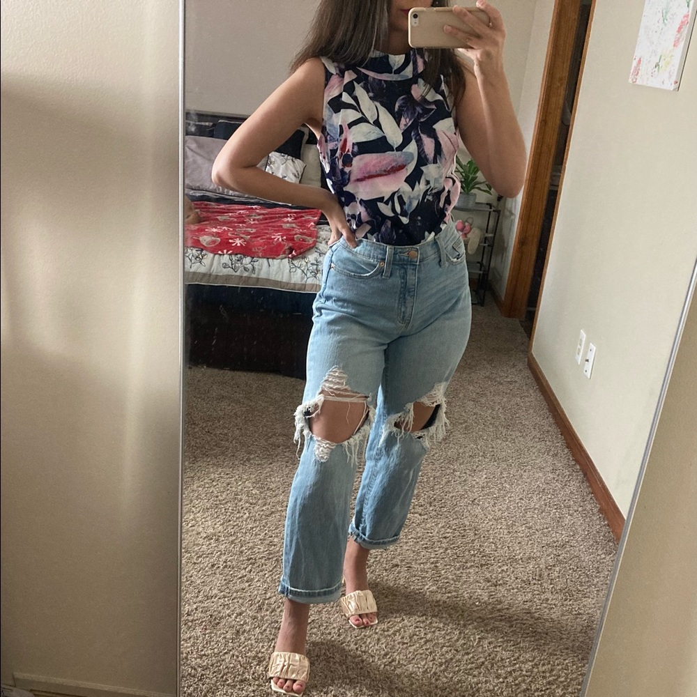 Pink & Navy Leaf Print Top
